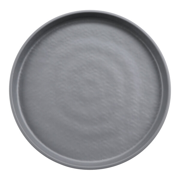A grey melamine plate with a swirl pattern.