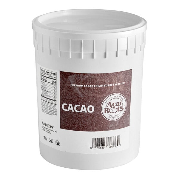 A white bucket of Acai Roots Cacao Cream Sorbet with a label.