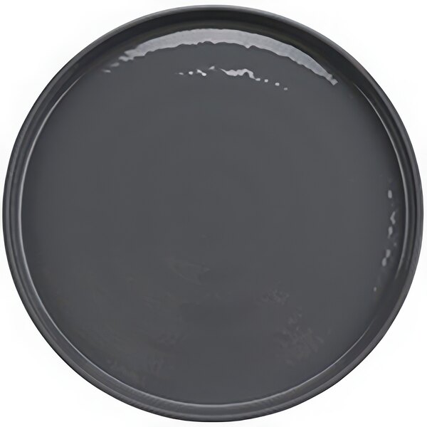 A gray melamine plate with a black rim.