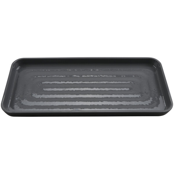 A gray rectangular melamine tray with stripes.