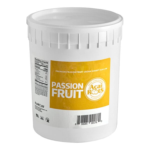 A white bucket of Acai Roots Passion Fruit Cream Sorbet with a yellow label.