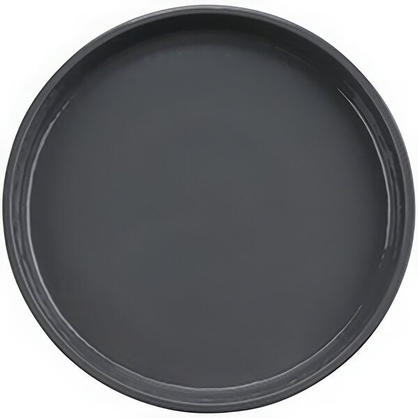 A gray melamine round plate with a white background.