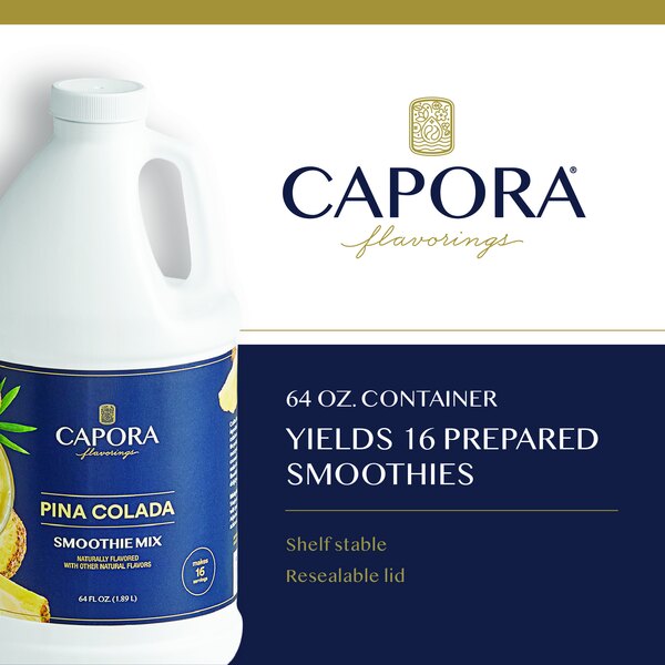 Graphic showing Capora pina colada smoothie mix and its yield and product features.