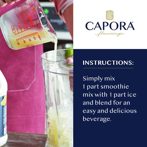 Graphic showing smoothie mix poured into a blender beside preparation instructions.
