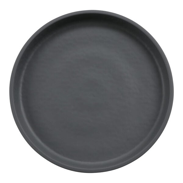 A round, matte black and gray plate with a slightly raised rim, viewed from above.