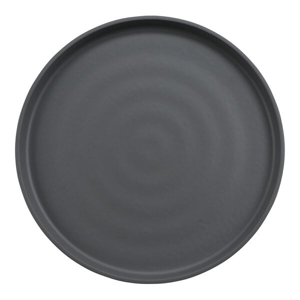 A round, matte black and gray plate with a slightly raised rim and a smooth, subtle concentric circle pattern.