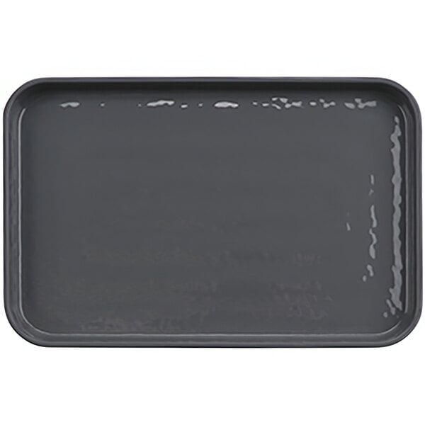 A gray rectangular melamine plate with a white background.