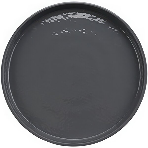 A gray melamine round plate with a rim on it.