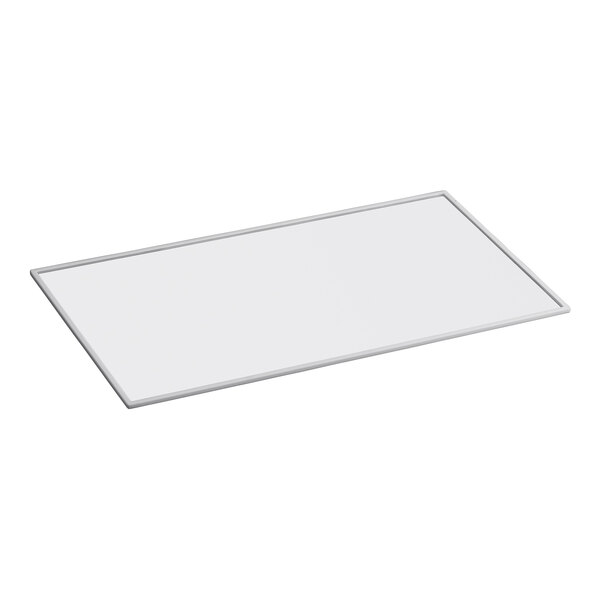 A white rectangular ceramic divider shelf with a silver border.