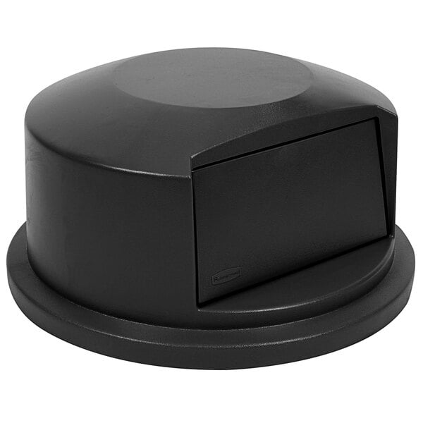 A black round dome lid for a Rubbermaid 44 gallon trash can.