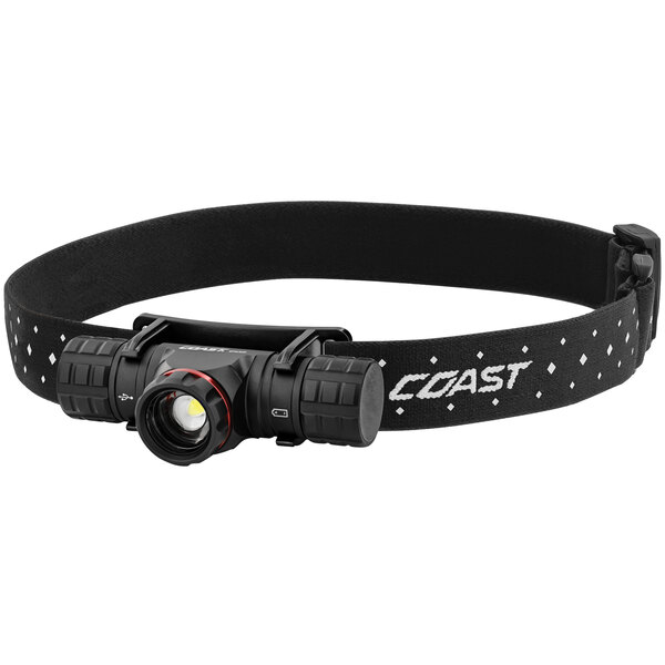 A Coast headlamp with a flashlight and red light on a silicone strap.