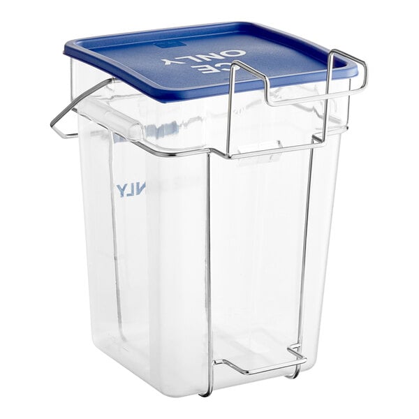 A clear plastic container with a blue lid.