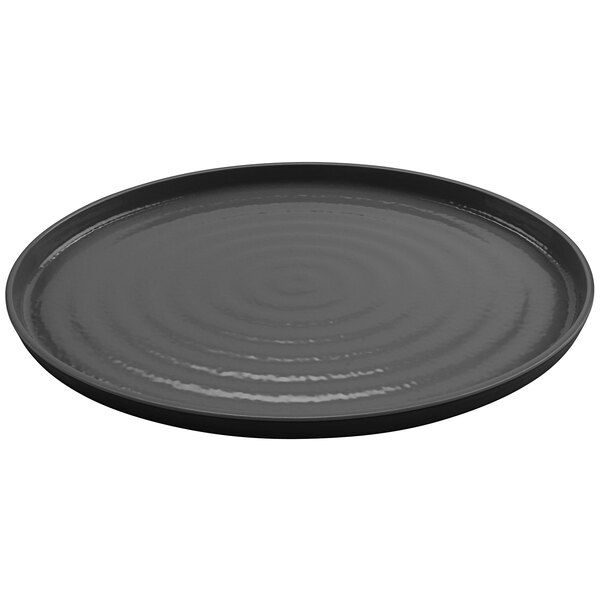 A gray oval melamine platter with a spiral pattern.