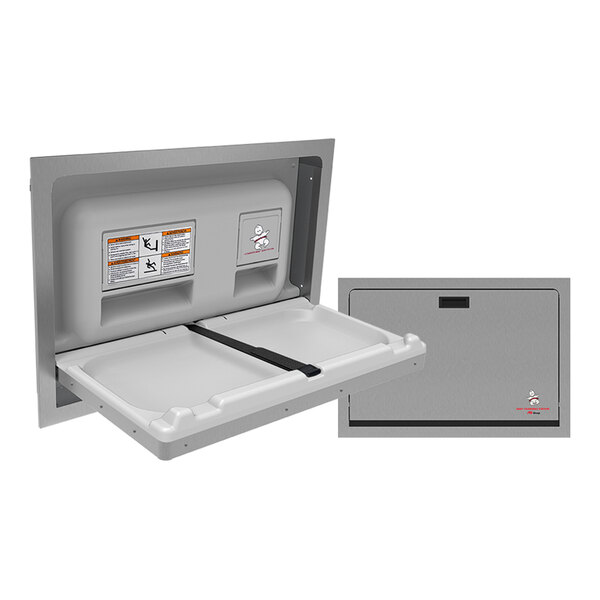 A stainless steel recessed horizontal baby changing station with a fold-down design and safety strap.