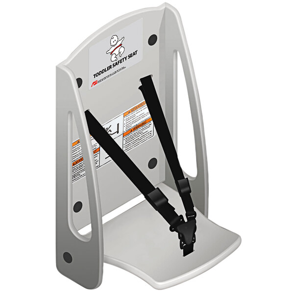 A white plastic American Specialties, Inc. toddler safety seat with a black strap.