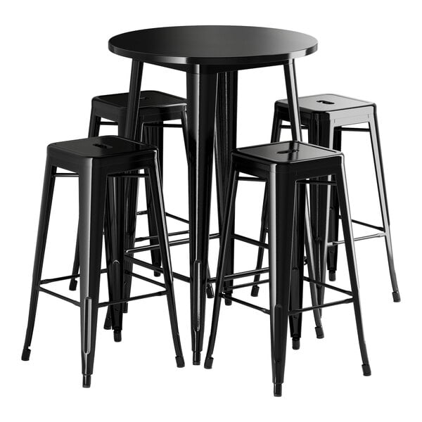 A Lancaster Table & Seating black table with four black barstools.