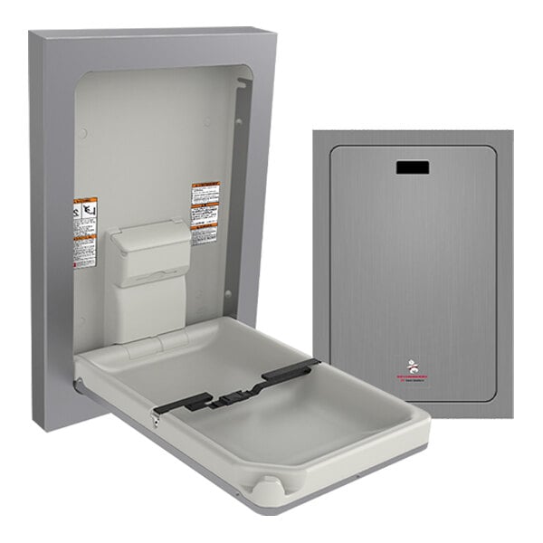 A stainless steel surface mount vertical baby changing station with a fold-down design.