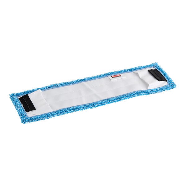 A Rubbermaid blue and white microfiber wet mop pad.