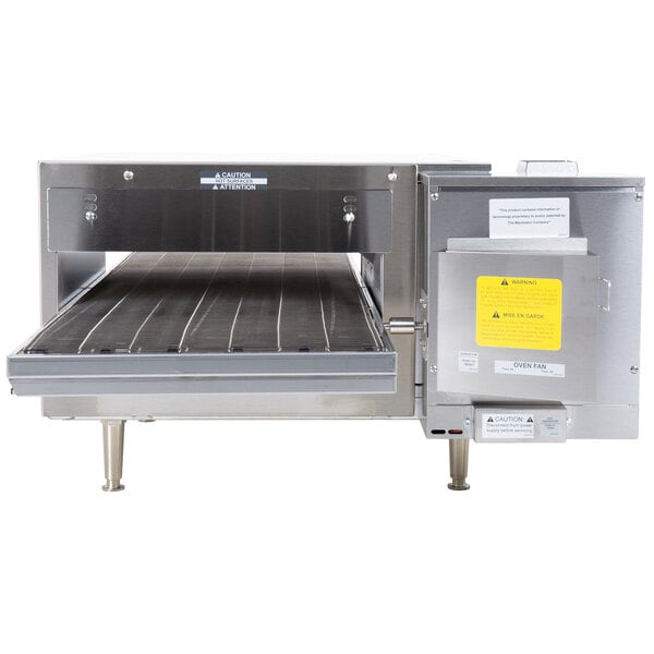 A Lincoln countertop conveyor oven with the door open.