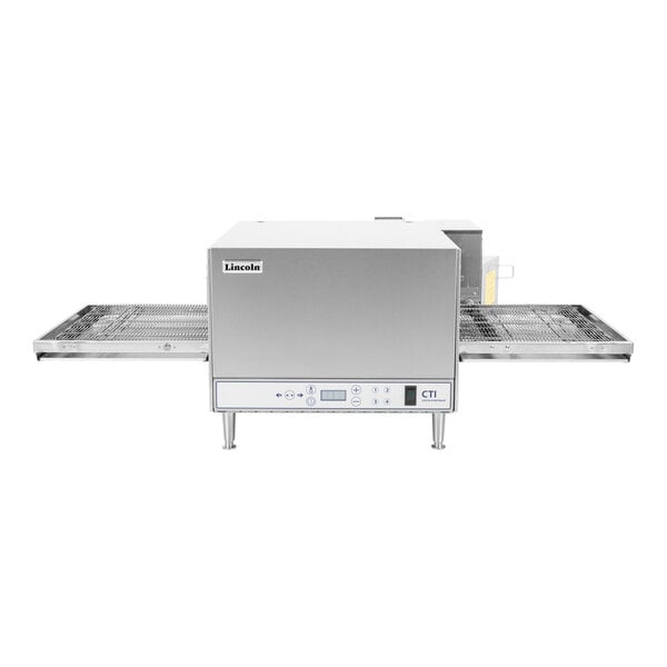 A stainless steel electric conveyor oven with digital push-button controls and ventless design, suitable for countertop use.