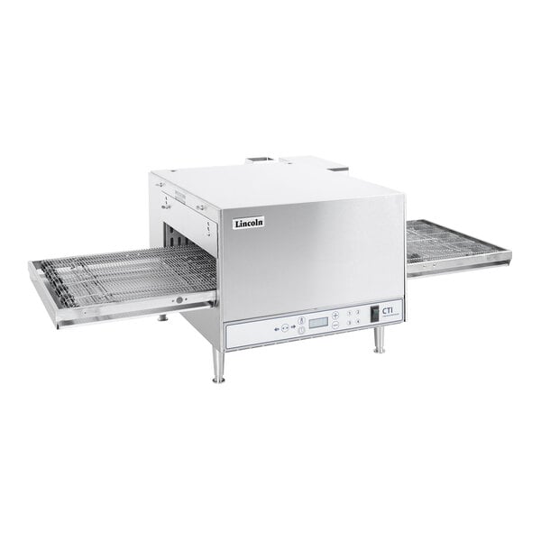 A stainless steel electric conveyor oven with digital push-button controls and ventless design.