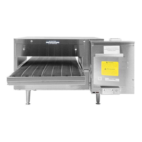 A stainless steel electric conveyor oven with a ventless design and digital push-button controls.