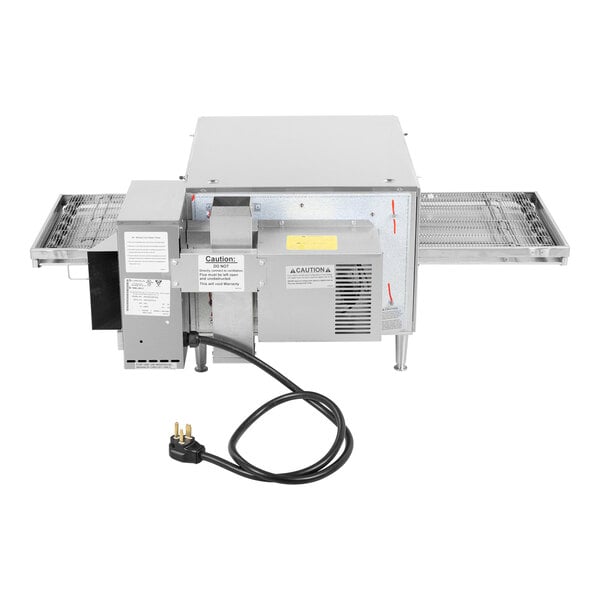 A stainless steel electric conveyor oven with a ventless design, digital controls, and a power cord.