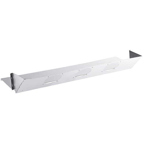 A white metal rectangular evaporator fan cover with holes.