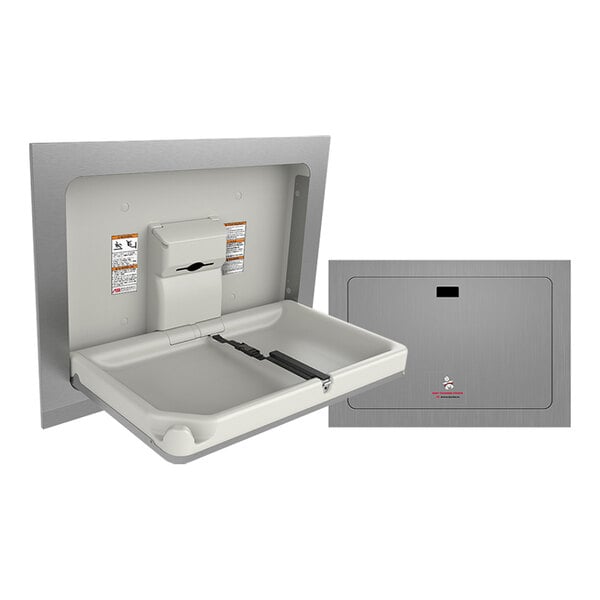 A stainless steel recessed horizontal baby changing station with a fold-down design.