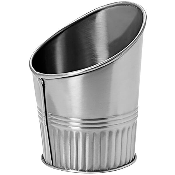 A close-up of a stainless steel angled serving cup with a handle.