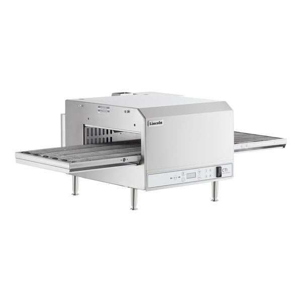 A stainless steel electric conveyor oven with push-button controls and a non-stick belt, designed for countertop use.