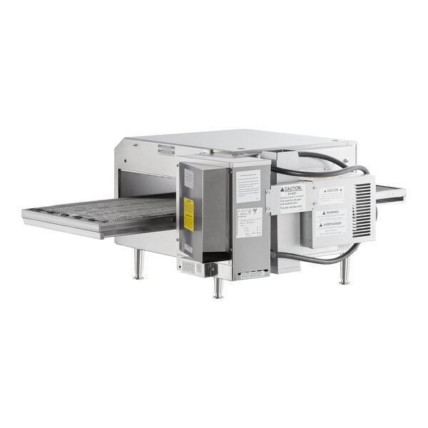 A stainless steel electric conveyor oven with a ventless design and digital push-button controls.