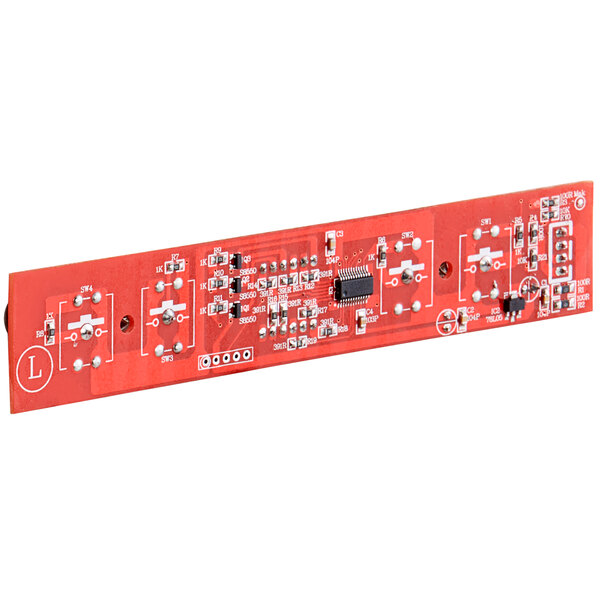 A red PCB with white and black components.