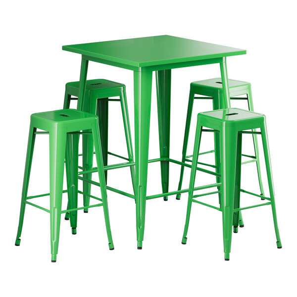 A Lancaster Table & Seating jade green table with 4 bar stools.