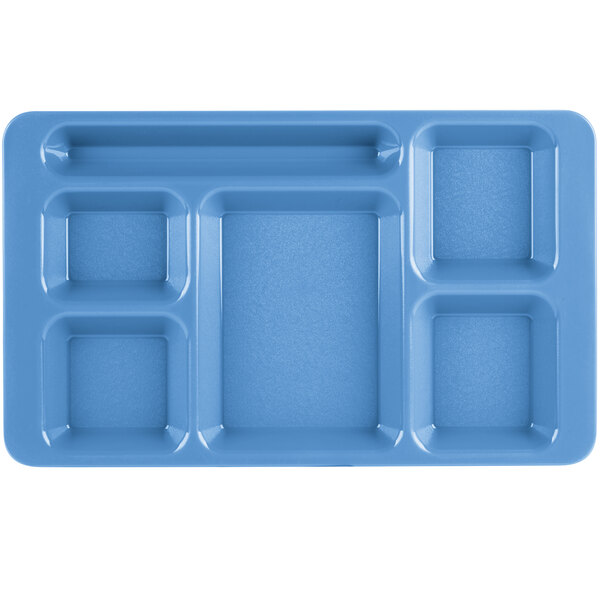 A blue rectangular Cambro tray with six compartments.