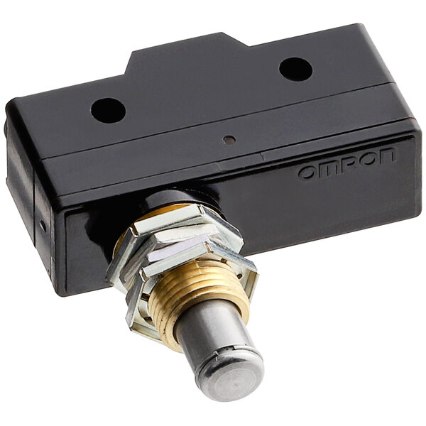 A black and gold electrical switch with a round metal knob.