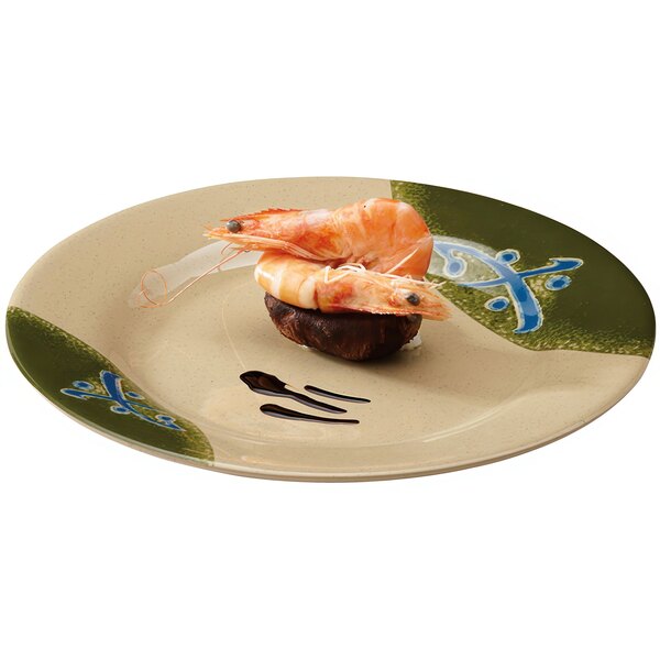 A GET Japanese Traditional melamine plate with shrimp and sauce on it.