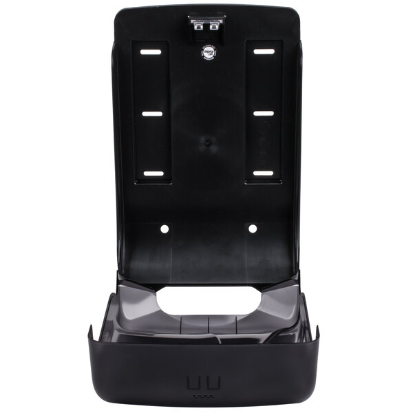 A black plastic San Jamar Ultrafold paper towel dispenser stand with a hole in it.