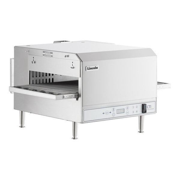 A stainless steel Lincoln ventless digital countertop impinger electric conveyor oven with push-button controls.