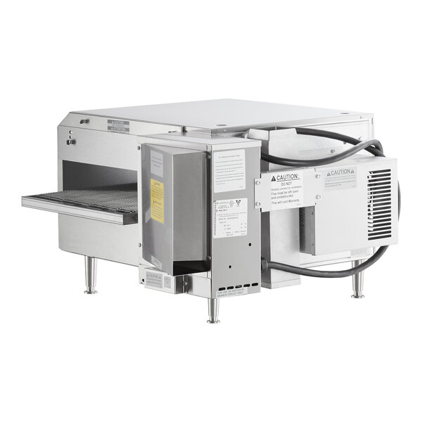 A stainless steel electric conveyor oven with digital controls and a ventless design, suitable for countertop use.