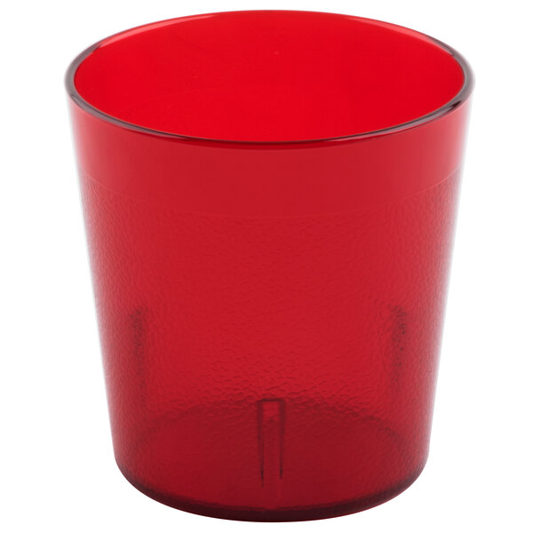 A ruby red Cambro plastic tumbler with a white background.