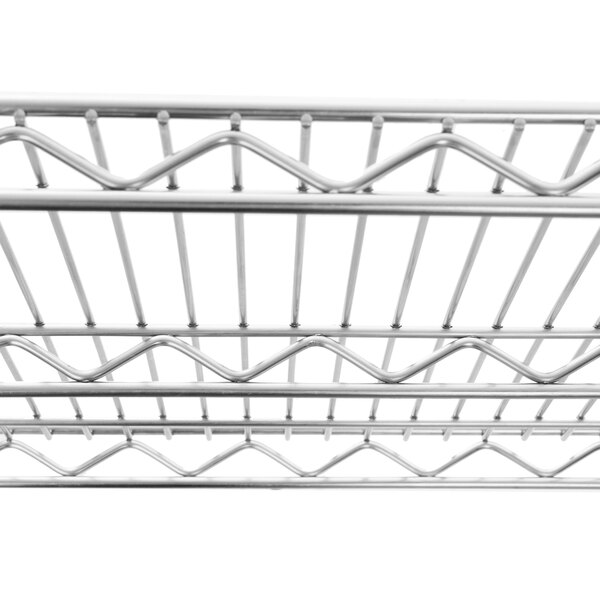 A close-up of a Metro Super Erecta chrome wire shelf.