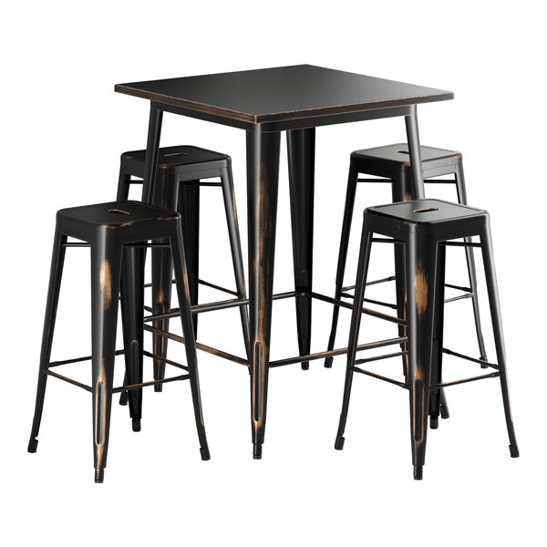 A black Lancaster Table & Seating outdoor table with four black backless barstools.