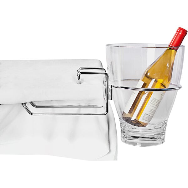 A Franmara table-mount wine bucket rack with a bottle in a wine bucket.