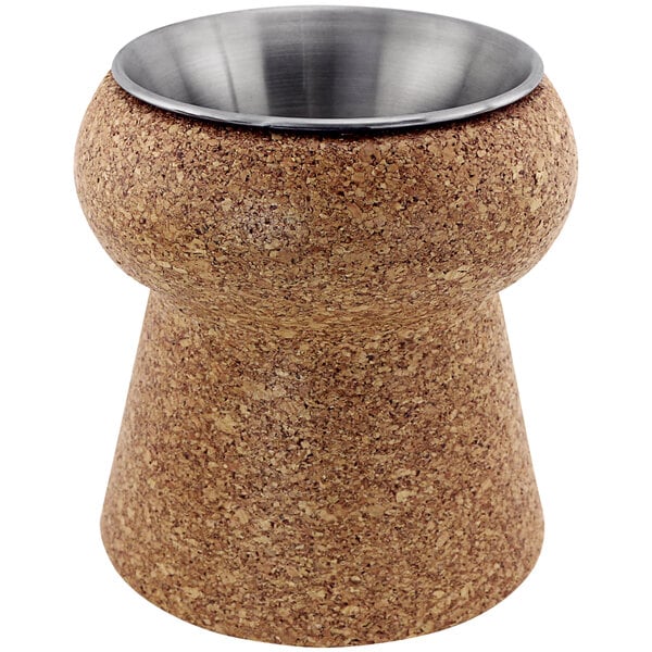 A cork container with a stainless steel bowl inside.