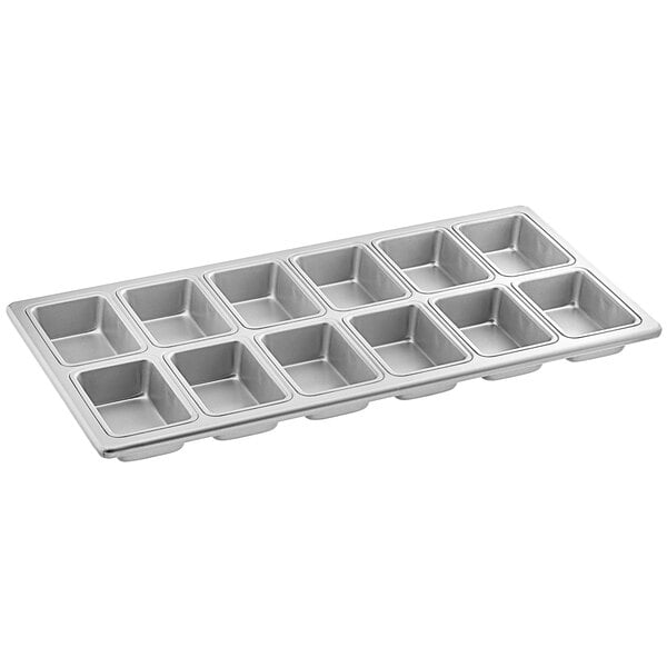 A silver rectangular Baker's Mark mini bread pan with 6 compartments.