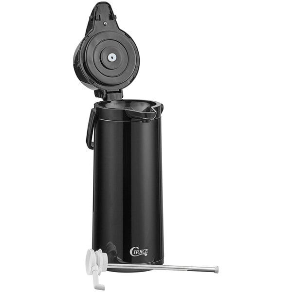 A black glass-lined stainless steel coffee airpot with a lever lid.