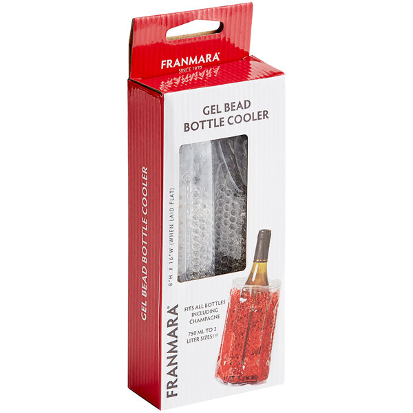 A red and white box with a Franmara Shiny Clear Gel Bead Bottle Cooler on a counter.