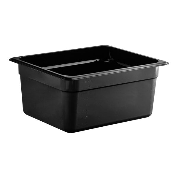 A black plastic Cambro food pan.