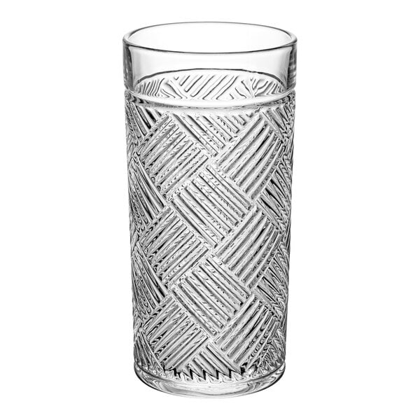 A close-up of an Acopa Zion highball glass with a pattern on it.